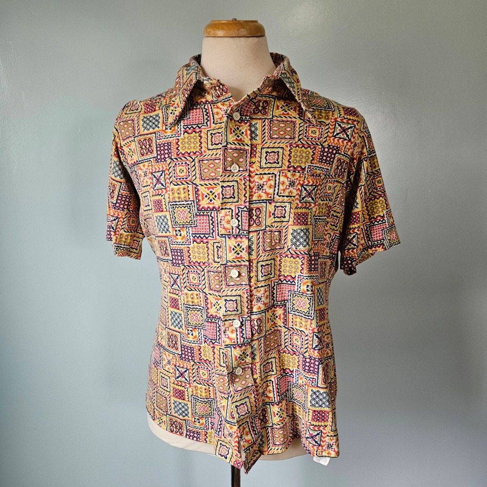 Vtg 70s Arrow Scrambler Knit Geometric Patchworkā Shirt Mens XL Short Sleeve